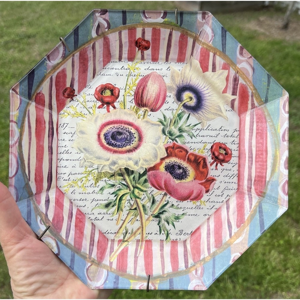 Signed JOHN DERIAN Glass DECOUPAGE Botanical 8.5" Plate Windflower  Floral